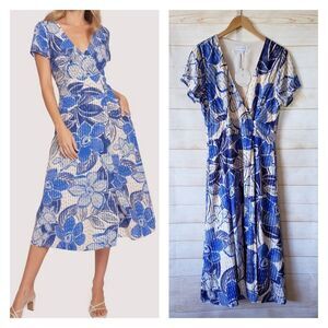 Lost + Wander Wrap V-Neck Short Sleeve Floral Midi Dress Size Medium Blue Beige